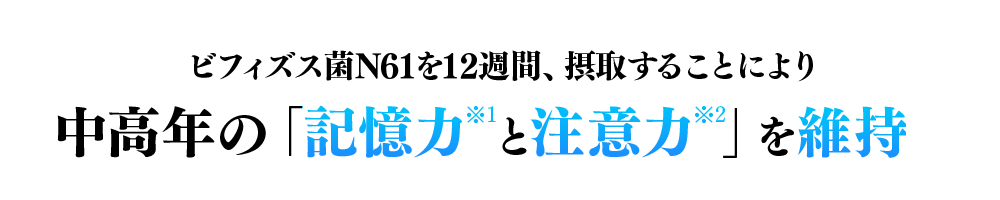 ビフィズス菌N61を12週間、摂取することにより中高年の「記憶力(※1)と注意力(※2)」を維持