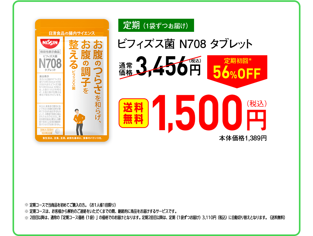 【定期（1袋ずつお届け）】ビフィズス菌N708タブレット 通常価格3,456円（税込）→ 定期初回※56%OFF [送料無料] 1,500円（税込）本体価格1,389円　※定期コースで当商品を初めてご購入の方。（お1人様1回限り）※定期コースは、お客様から解約のご連絡をいただくまでの間、継続的に商品をお届けするサービスです。※2回目以降は、通常の「定期コース価格（1袋）」の価格でのお届けとなります。定期2回目以降は、定期（1袋ずつお届け）3,110円（税込）に自動切り替えとなります。（送料無料）