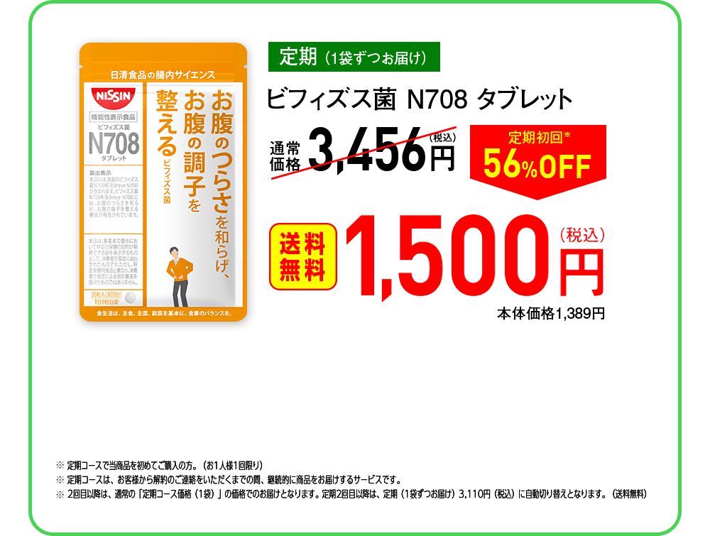 【定期（1袋ずつお届け）】ビフィズス菌N708タブレット 通常価格3,456円（税込）→ 定期初回※56%OFF [送料無料] 1,500円（税込）本体価格1,389円　※定期コースで当商品を初めてご購入の方。（お1人様1回限り）※定期コースは、お客様から解約のご連絡をいただくまでの間、継続的に商品をお届けするサービスです。※2回目以降は、通常の「定期コース価格（1袋）」の価格でのお届けとなります。定期2回目以降は、定期（1袋ずつお届け）3,110円（税込）に自動切り替えとなります。（送料無料）