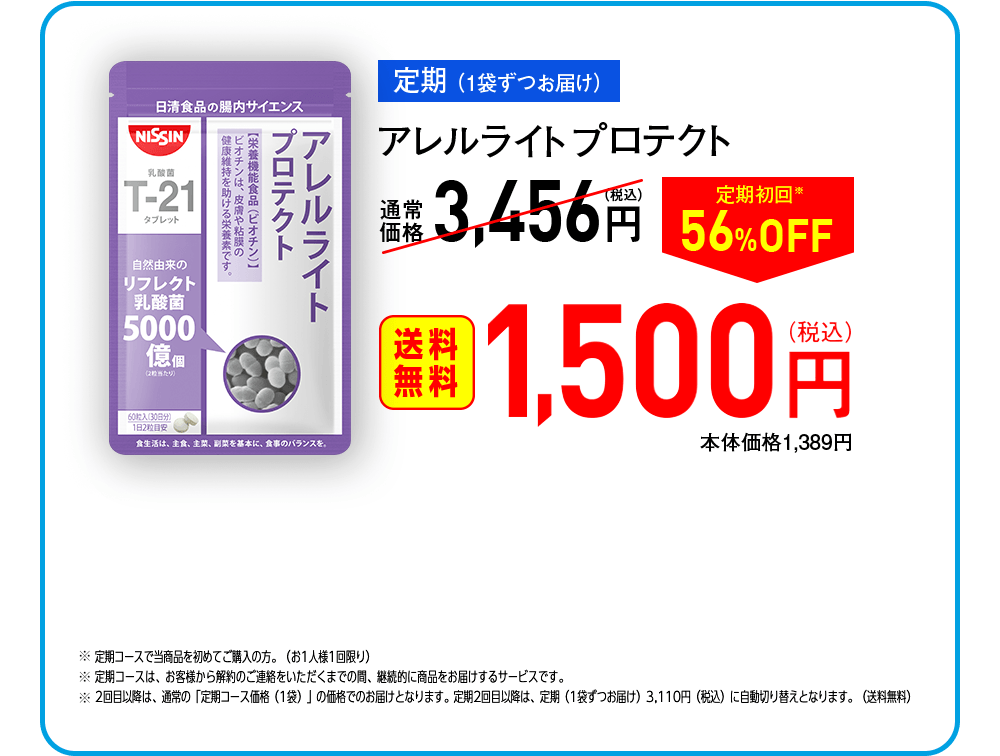 【定期（1袋ずつお届け）】アレルライト プロテクト 通常価格3,456円（税込）→ 定期初回※56%OFF [送料無料] 1,500円（税込）本体価格1,389円　※定期コースで当商品を初めてご購入の方。（お1人様1回限り）※定期コースは、お客様から解約のご連絡をいただくまでの間、継続的に商品をお届けするサービスです。※2回目以降は、通常の「定期コース価格（1袋）」の価格でのお届けとなります。定期2回目以降は、定期（1袋ずつお届け）3,110円（税込）に自動切り替えとなります。（送料無料）